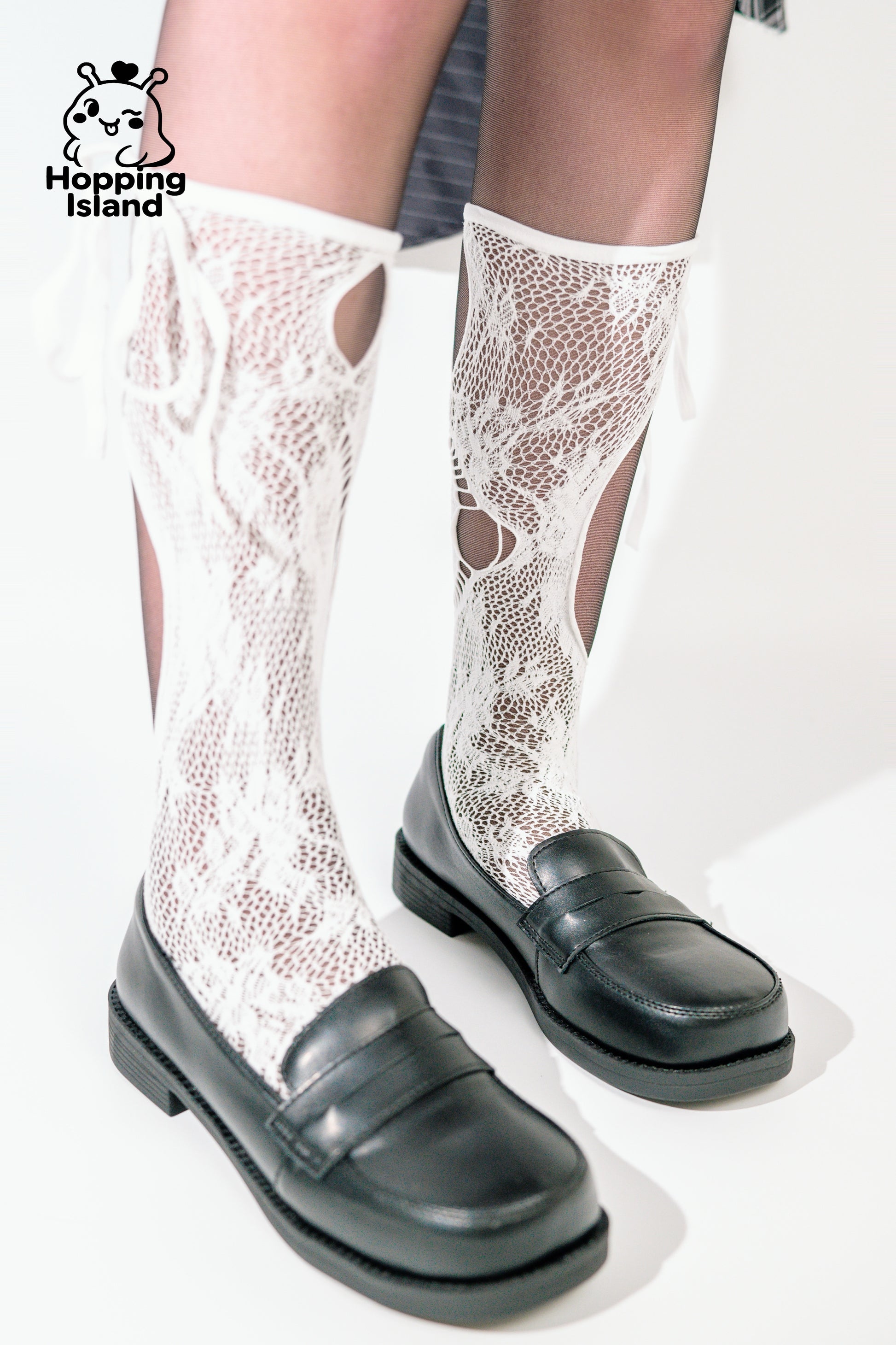 HI Floral White Bow Tie Lace-Up Asymmetric Hollow-Out Design Calf Socks for Women