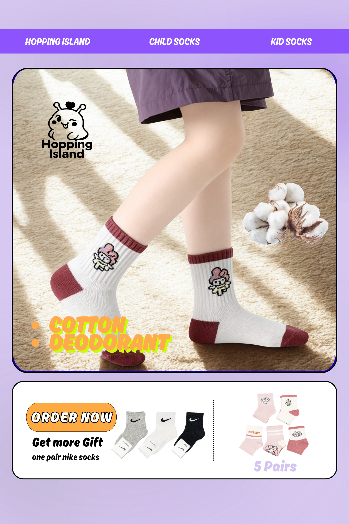Kids Socks 5Pairs Pink Melody Bunny Pattern [HI]