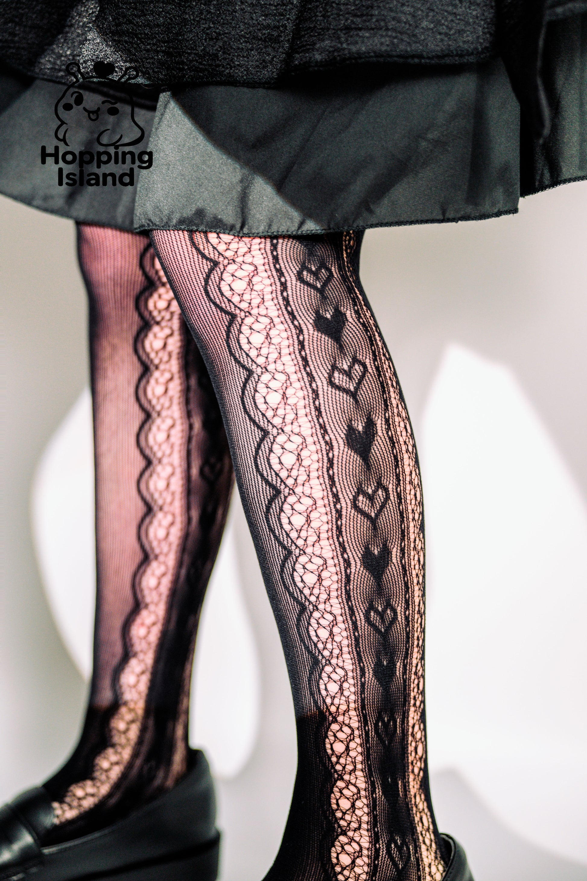HI Floral Black Lace Stockings Tights with Side Heart Cutout Romantic Sheer Pantyhose