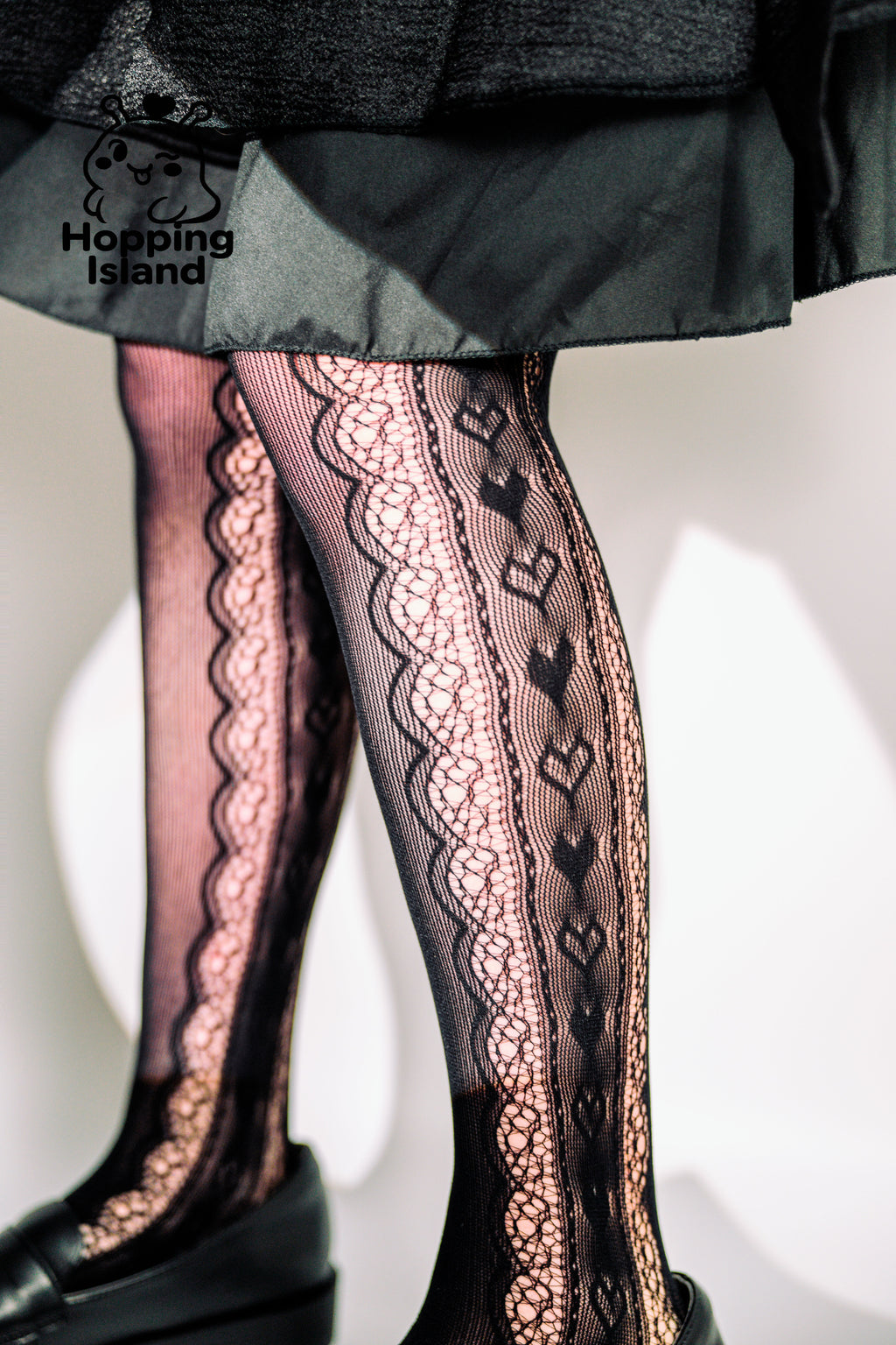 HI Floral Black Lace Stockings Tights with Side Heart Cutout Romantic Sheer Pantyhose
