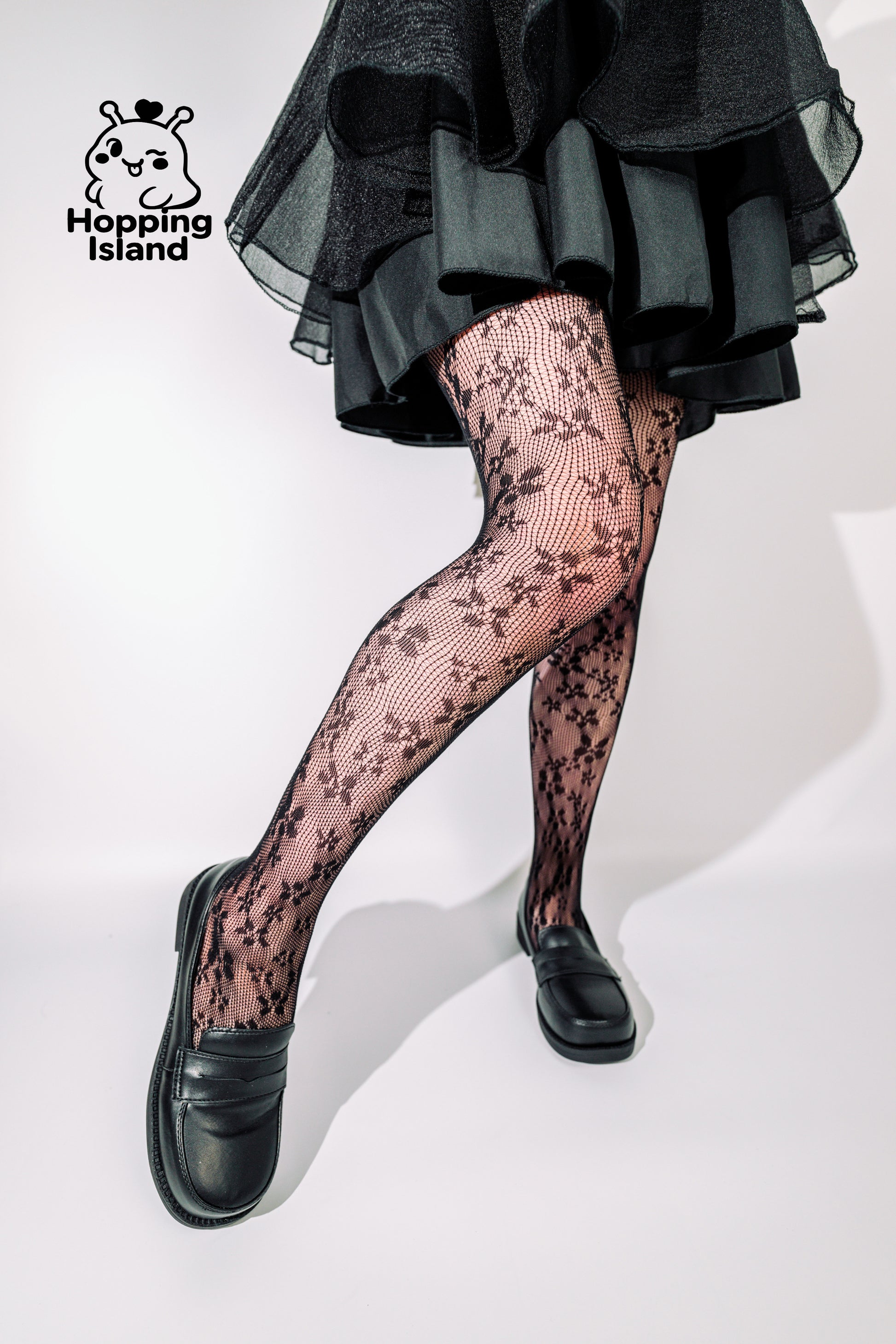 HI Floral Black Lace Petal Fishnet Tights Floral French Mesh Pantyhose