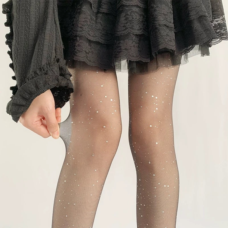 HI Moonlight Starlight Sequin Tights Sparkling Pantyhose in Black & beige