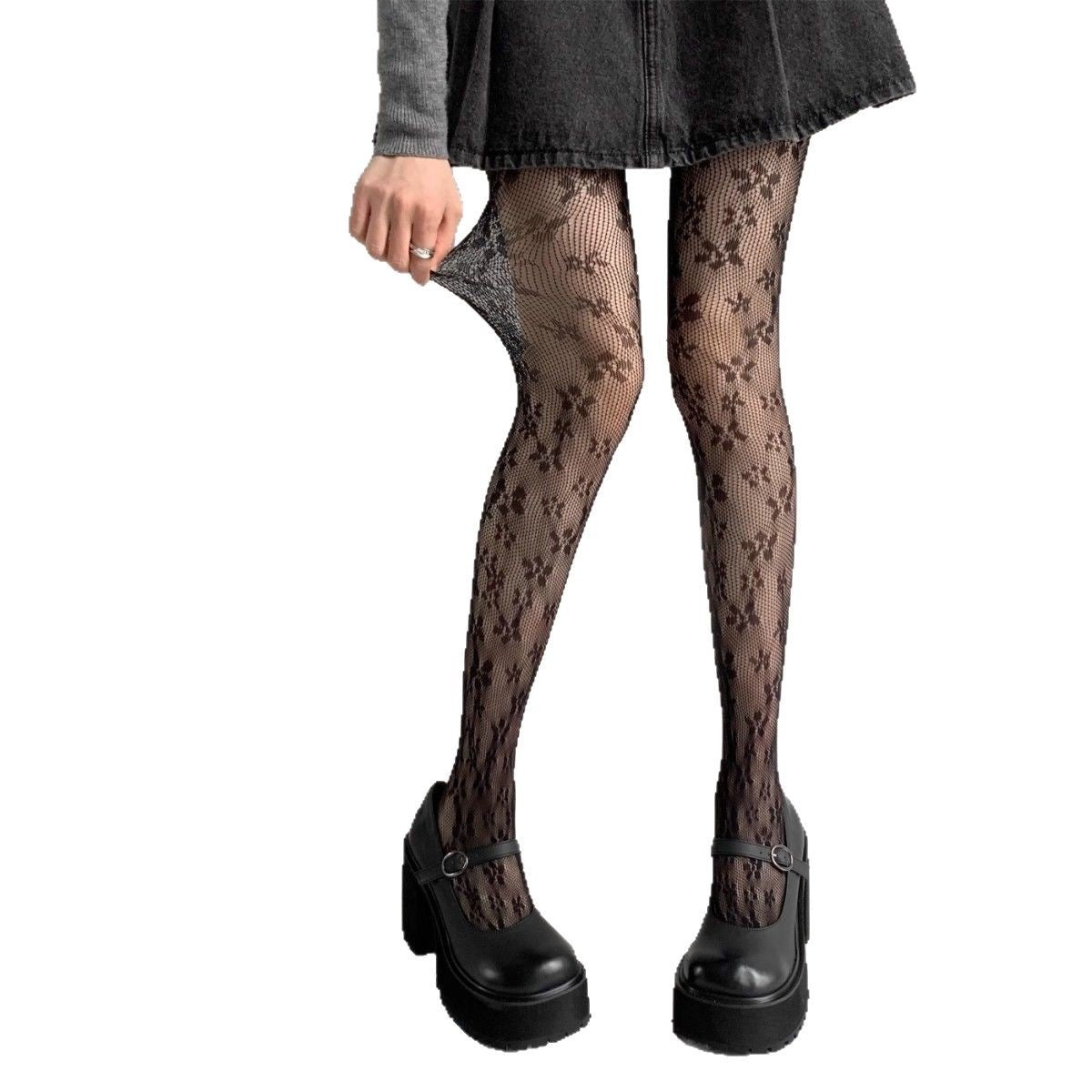 HI Floral Lace Fishnet Pantyhose Vintage Vine Jacquard Tights for Women