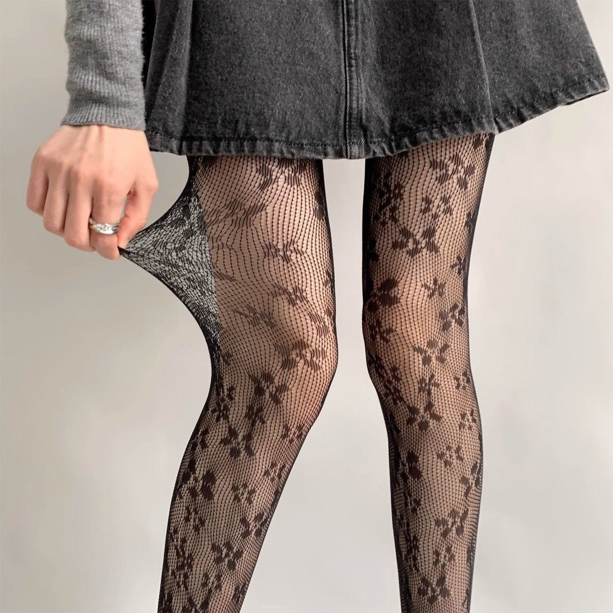 HI Floral Lace Fishnet Pantyhose Vintage Vine Jacquard Tights for Women