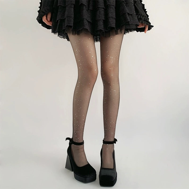 HI Moonlight Starlight Sequin Tights Sparkling Pantyhose in Black & beige