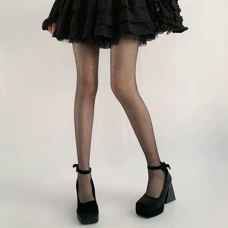 HI Moonlight Starlight Sequin Tights Sparkling Pantyhose in Black & beige