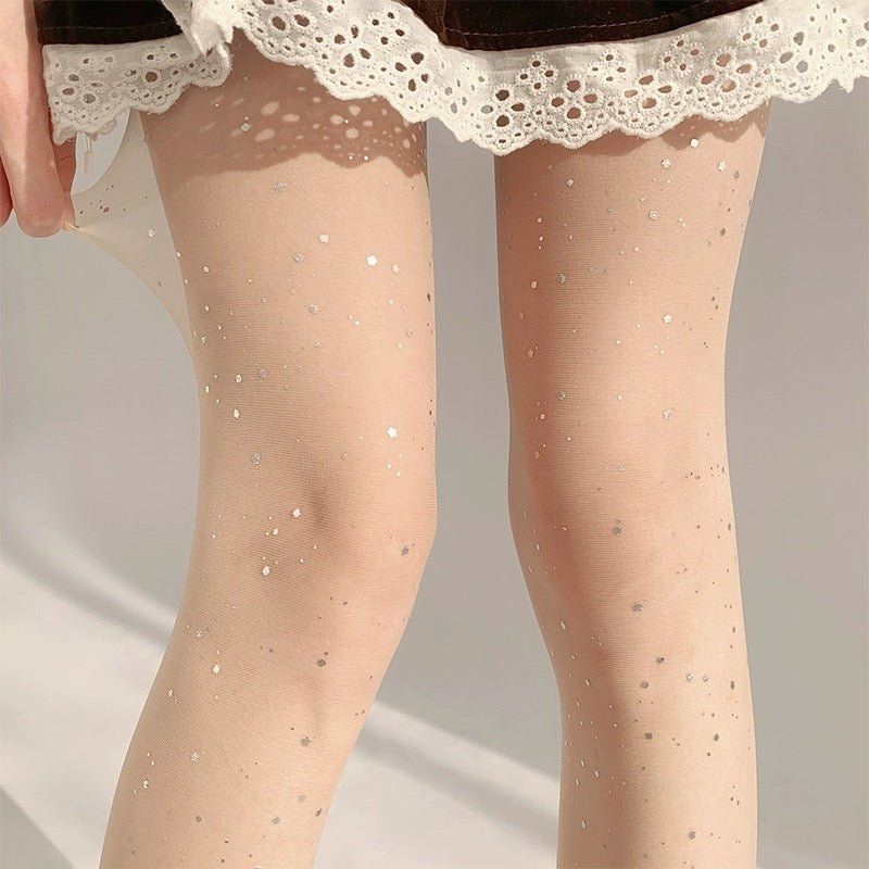 HI Moonlight Starlight Sequin Tights Sparkling Pantyhose in Black & beige