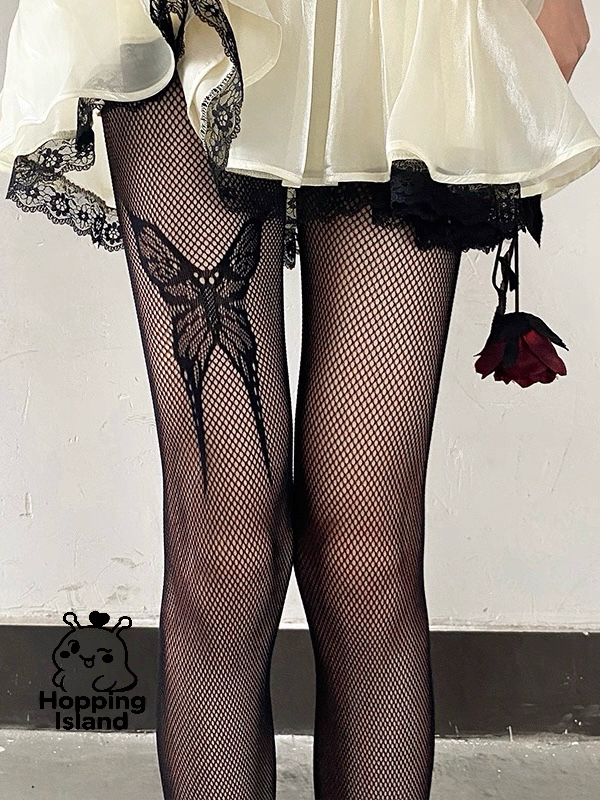 HI Floral Thigh Bow Black Fishnet Stockings Tights Garter-Style Mesh with Lace Bow Accent