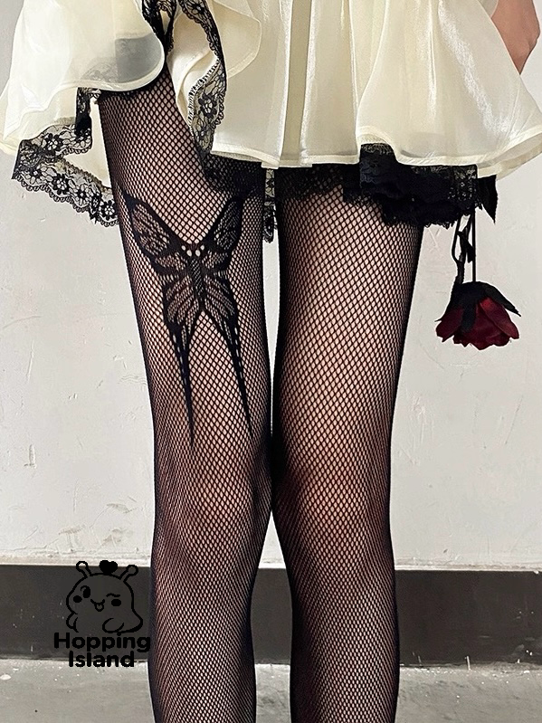 HI Floral Thigh Bow Black Fishnet Stockings Tights Garter-Style Mesh with Lace Bow Accent