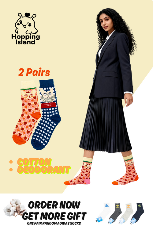 2 Pairs Art Illustration Cat Socks Blue Orange