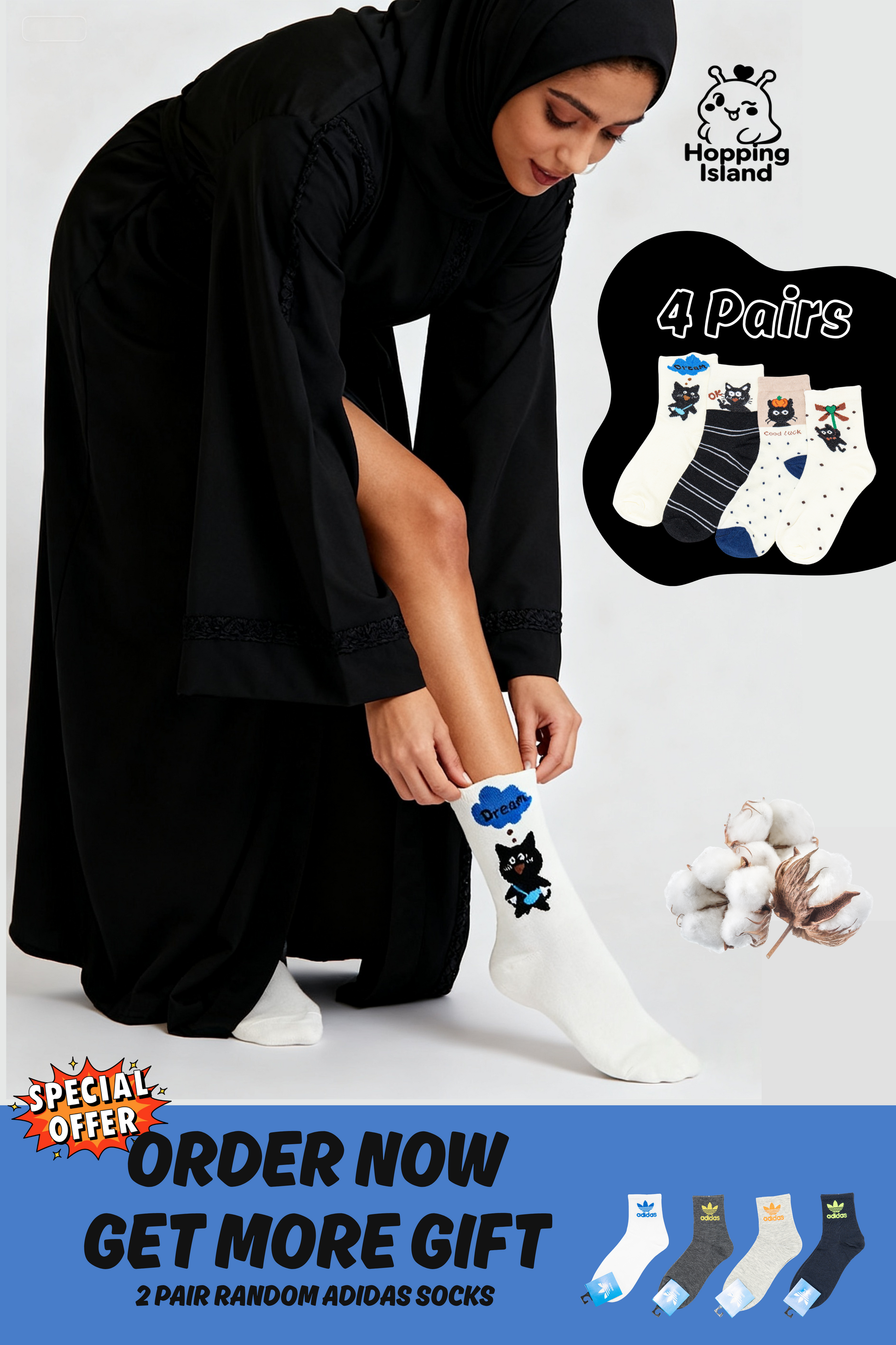 4 Pairs Black & White Cat Print Socks [HI]