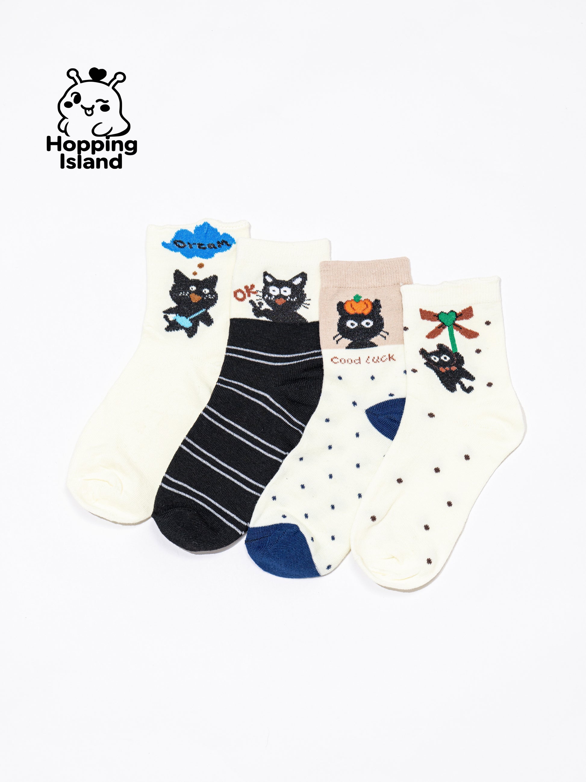 4 Pairs Black & White Cat Print Socks [HI]
