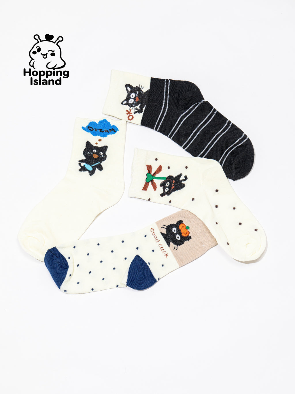 4 Pairs Black & White Cat Print Socks [HI]