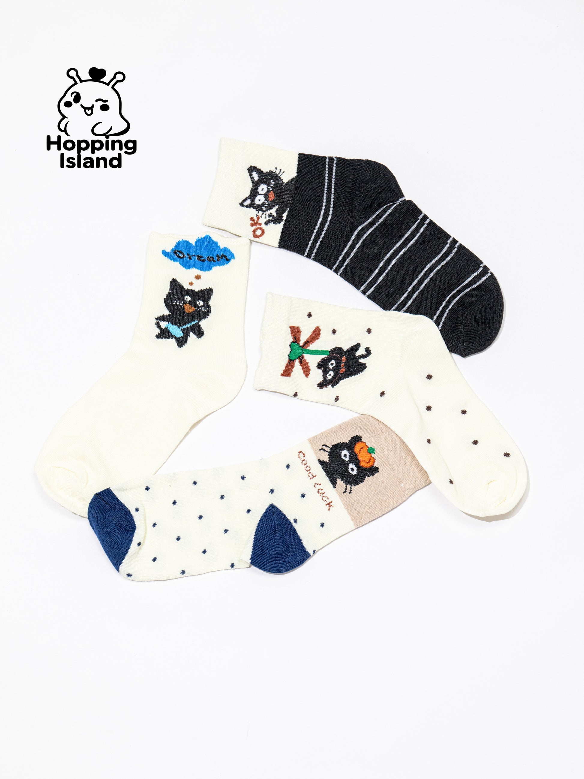 4 Pairs Black & White Cat Print Socks [HI]
