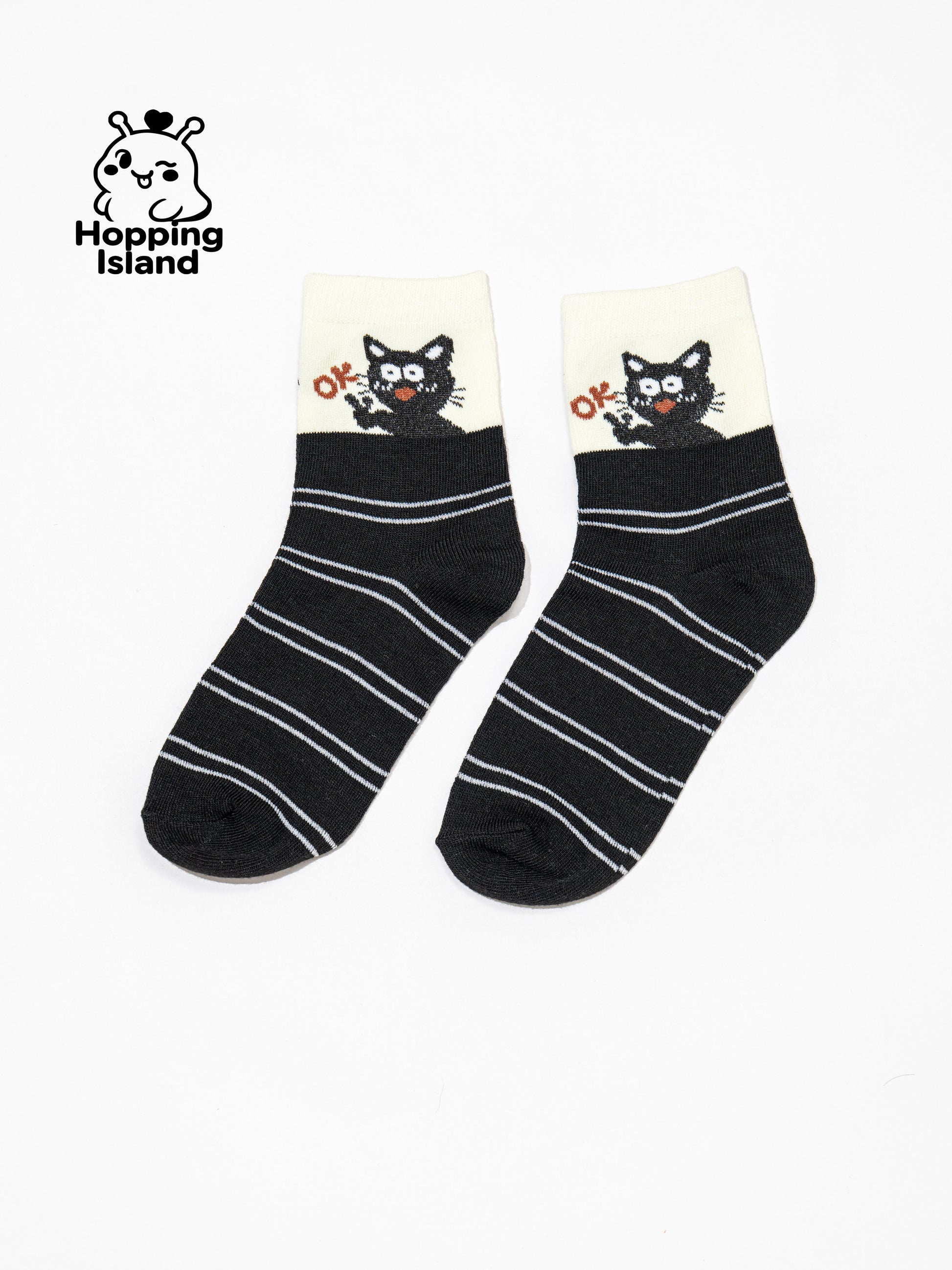 4 Pairs Black & White Cat Print Socks [HI]